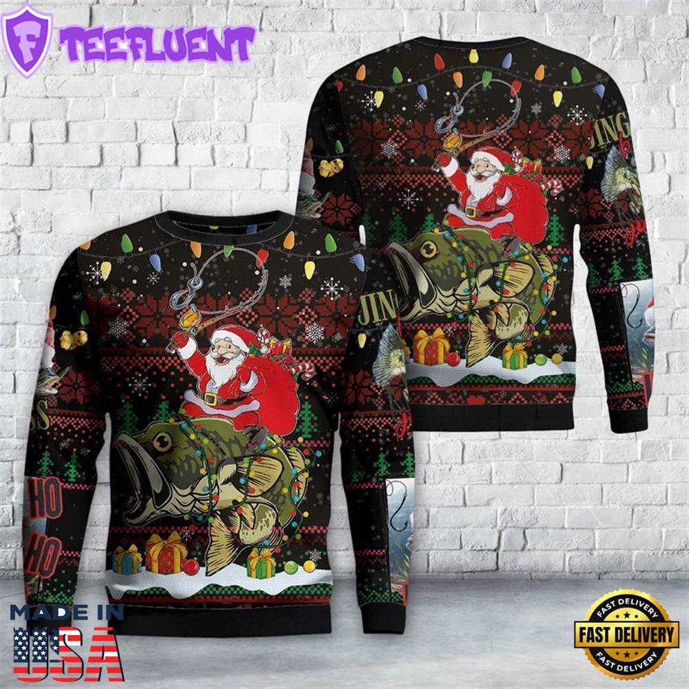Santa Riding Bass Fish Ugly Christmas Sweater For Men And Women