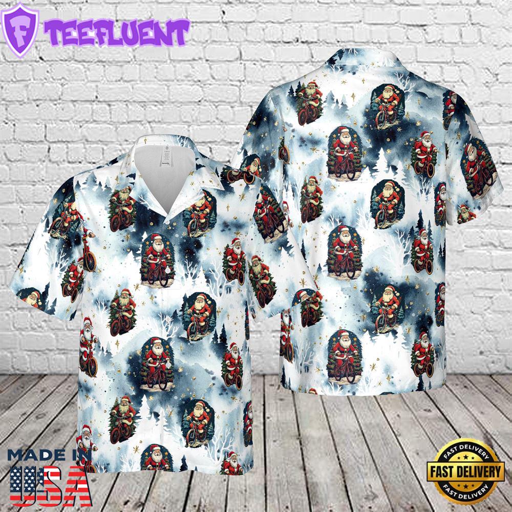 Santa Riding Bicycle Christmas Hawaiian Shirt