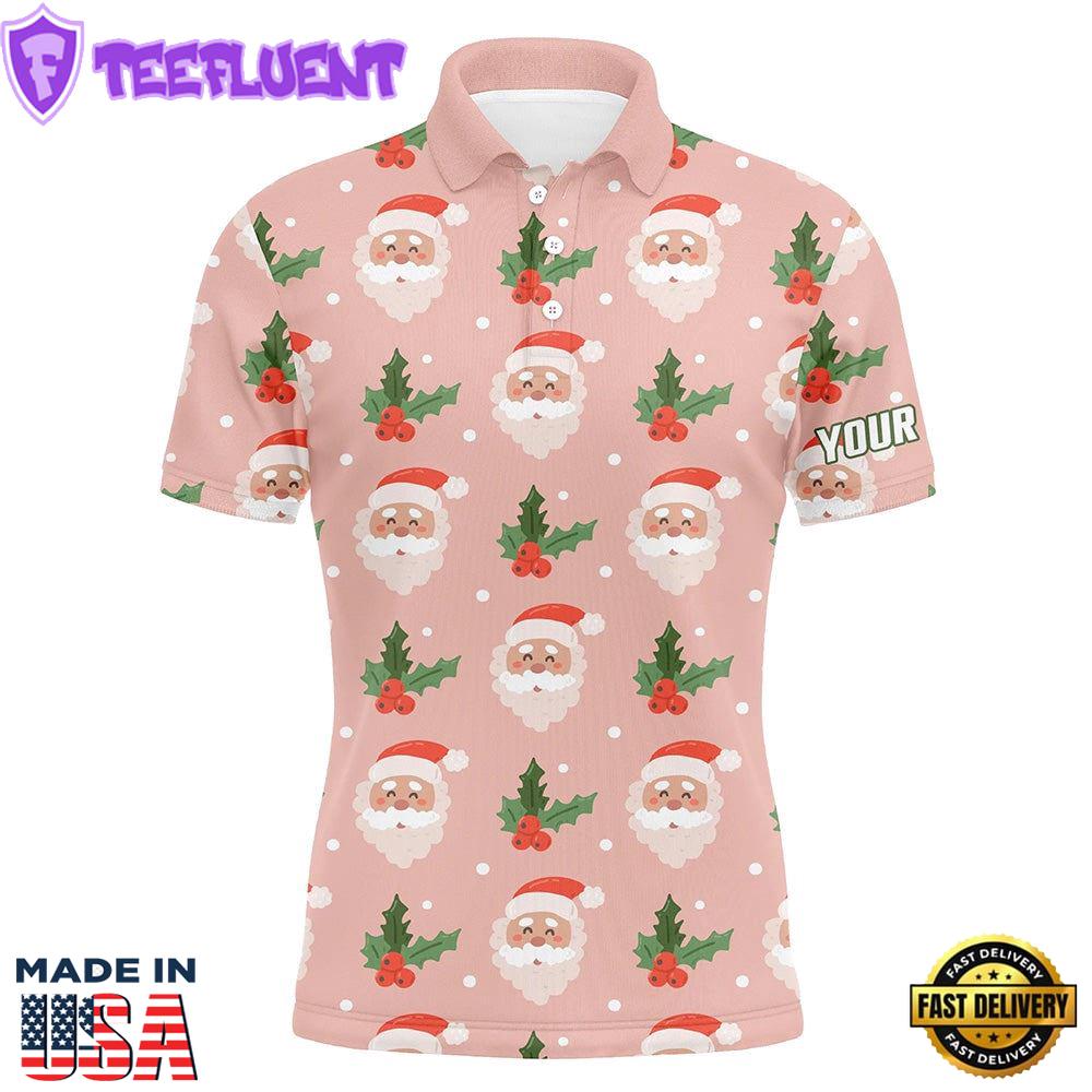 Santa With Holly On Pink Mens Golf Polo Shirt Custom Cute