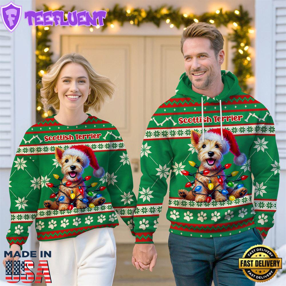 Scottish Terrier Dog Cheer with Santa Hat Christmas Sweatshirt And Hoodie Green