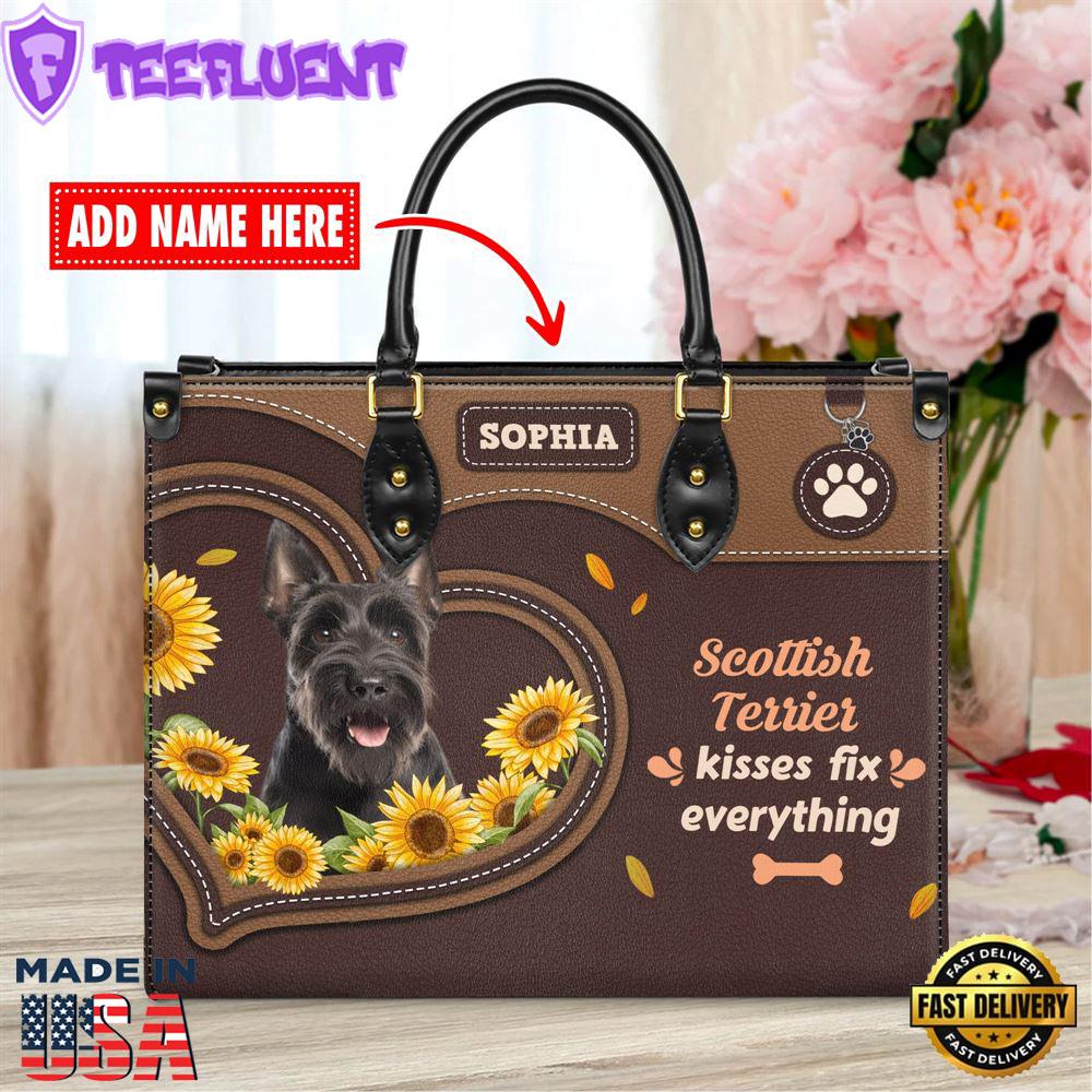 Scottish Terrier Dog Kisses Fix Everything Leather Handbag
