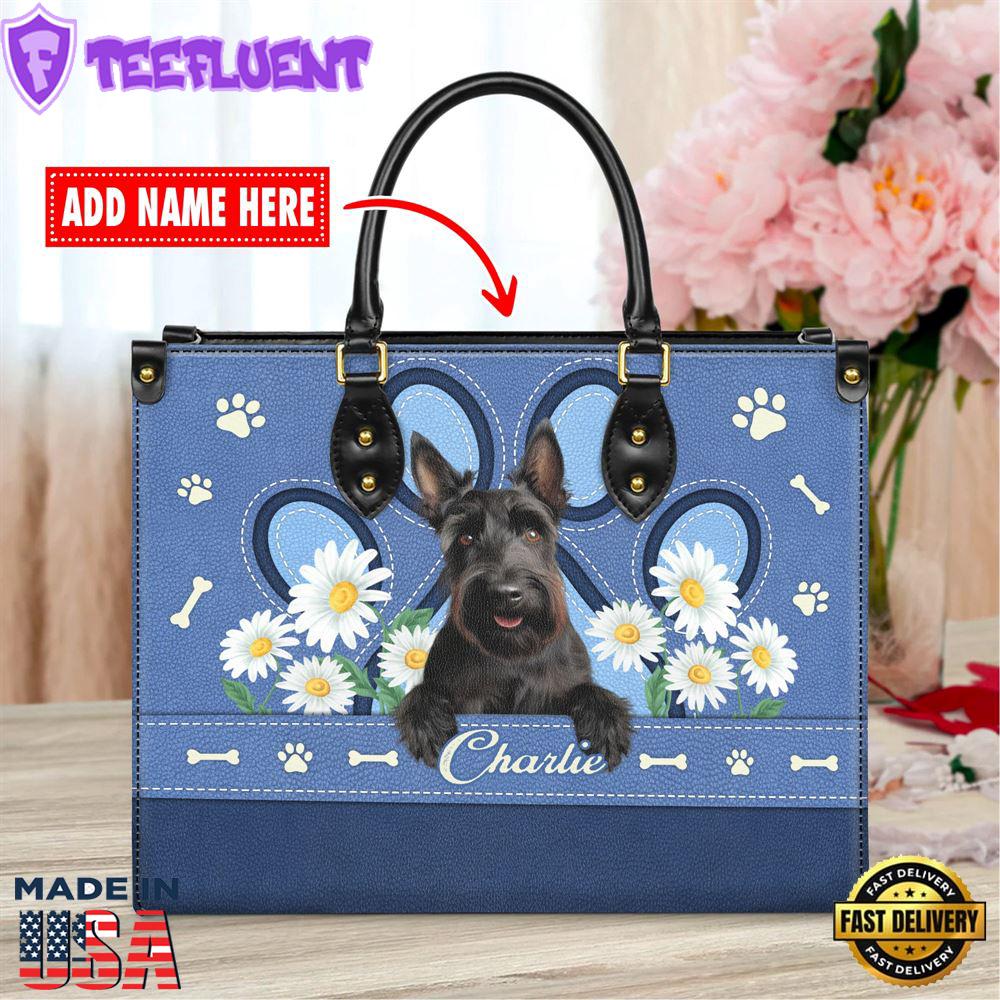 Scottish Terrier Dog Lover Leather Bag With Daisy Flowers