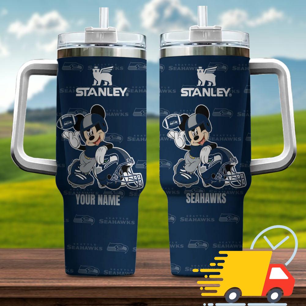 Seattle Seahawks NFL Mickey Mouse Custom Stanley Quencher 40oz Stainless Steel Tumbler With Handle