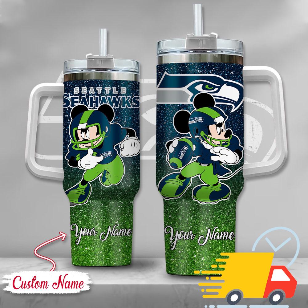 Seattle Seahawks NFL Mickey Mouse Glitter Custom Stanley Quencher 40oz Stainless Steel Tumbler With Handle