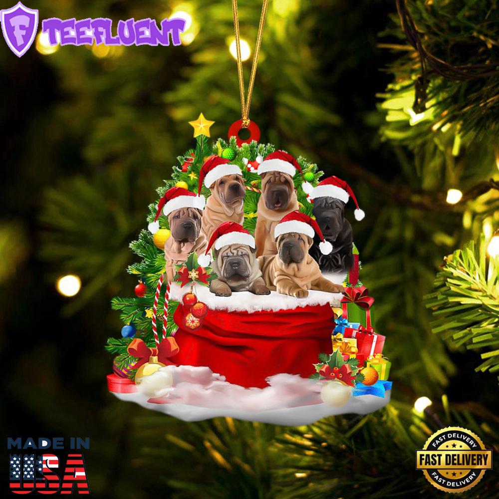 Shar Pei Dogs In A Gift Bag Christmas Ornament, Gift For Christmas