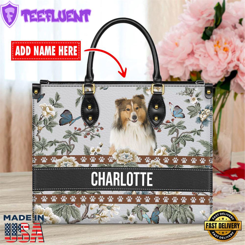 Shetland Sheep Dog Bior Leather Handbag With Flowers And Butterfly