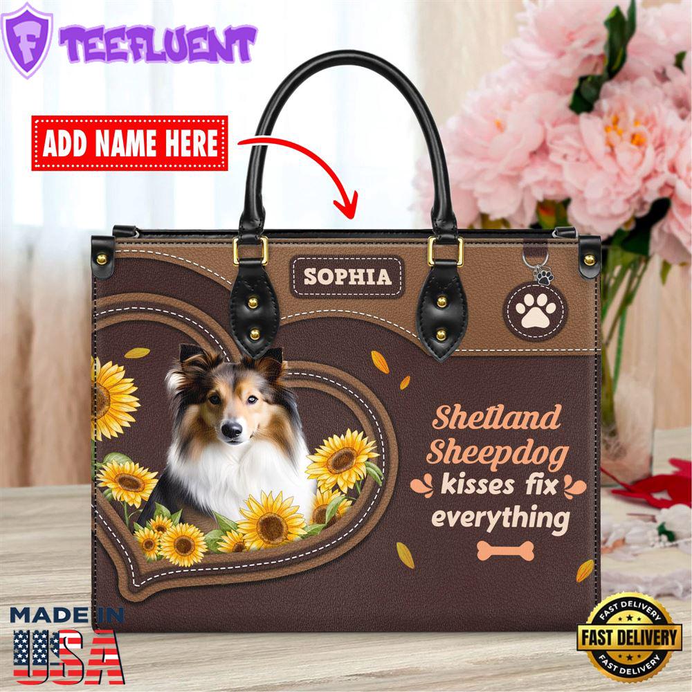 Shetland Sheepdog Dog Kisses Fix Everything Leather Handbag