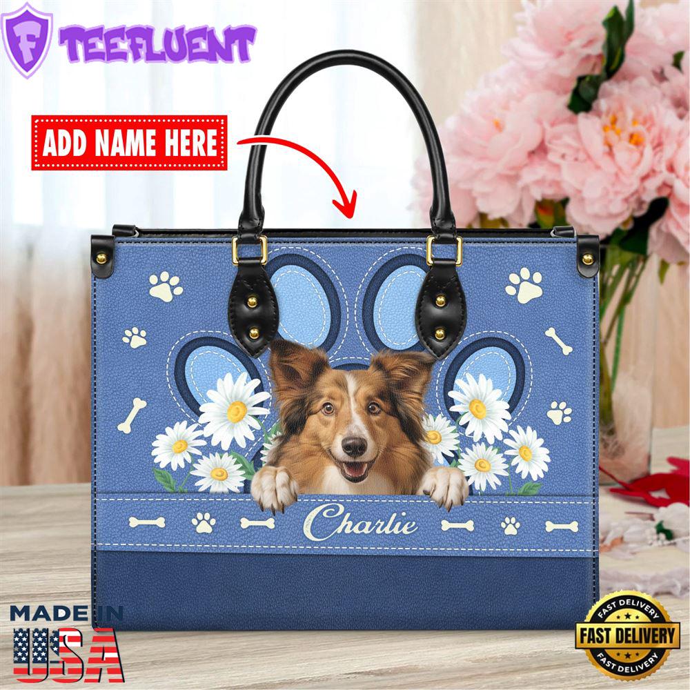 Shetland Sheepdog Dog Lover Leather Bag With Daisy Flowers