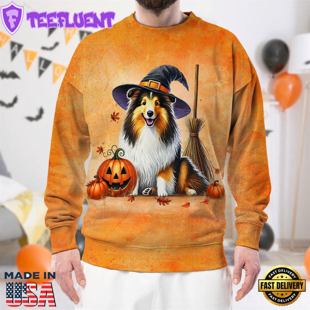 Shetland Sheepdog In Spooky Autumn Halloween 3D Shirt