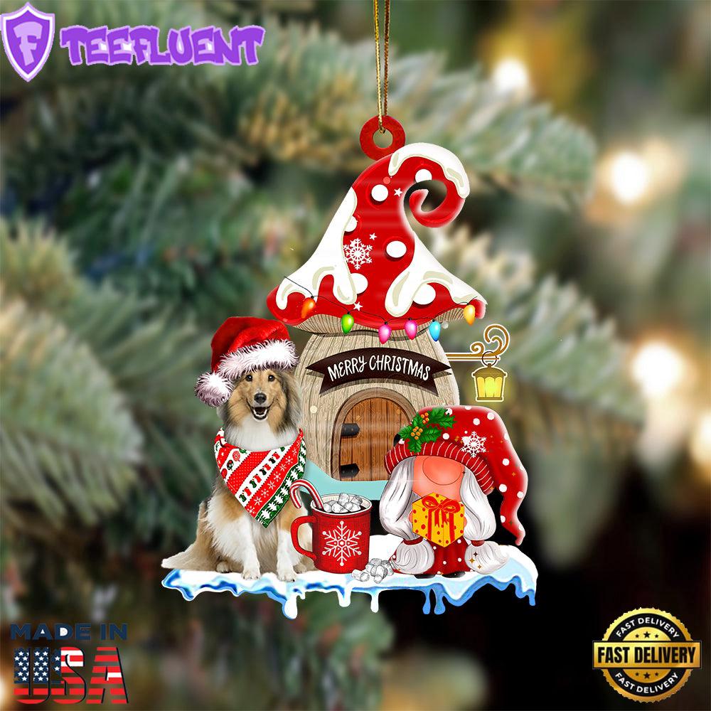 Shetland-Sheepdog With Mushroom House Christmas Ornament, Gift For Christmas