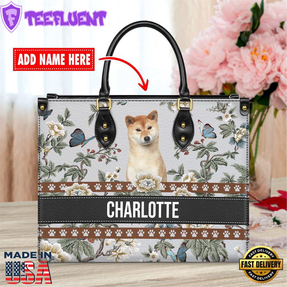 Shiba Inu Dog Bior Leather Handbag With Flowers And Butterfly