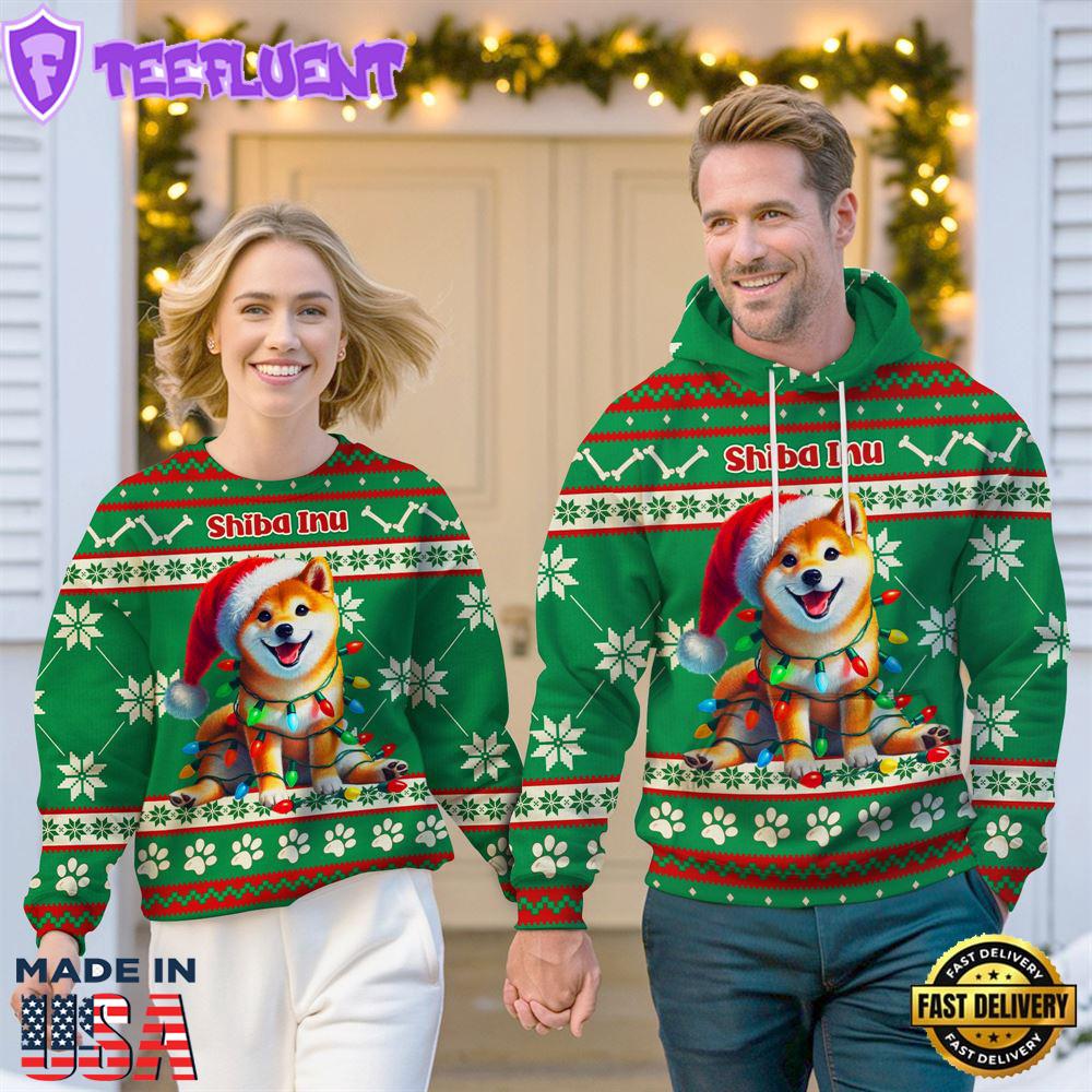 Shiba Inu Dog Cheer with Santa Hat Christmas Sweatshirt And Hoodie Green