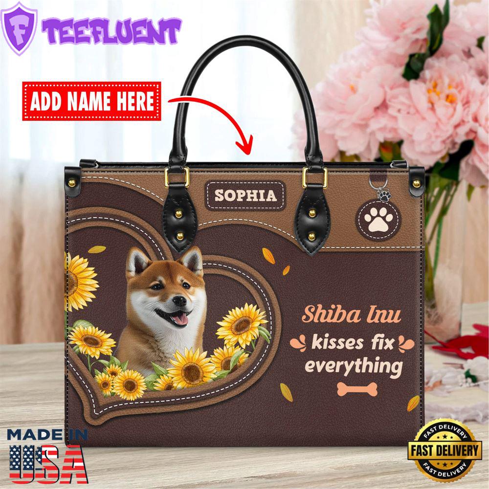 Shiba Inu Dog Kisses Fix Everything Leather Handbag
