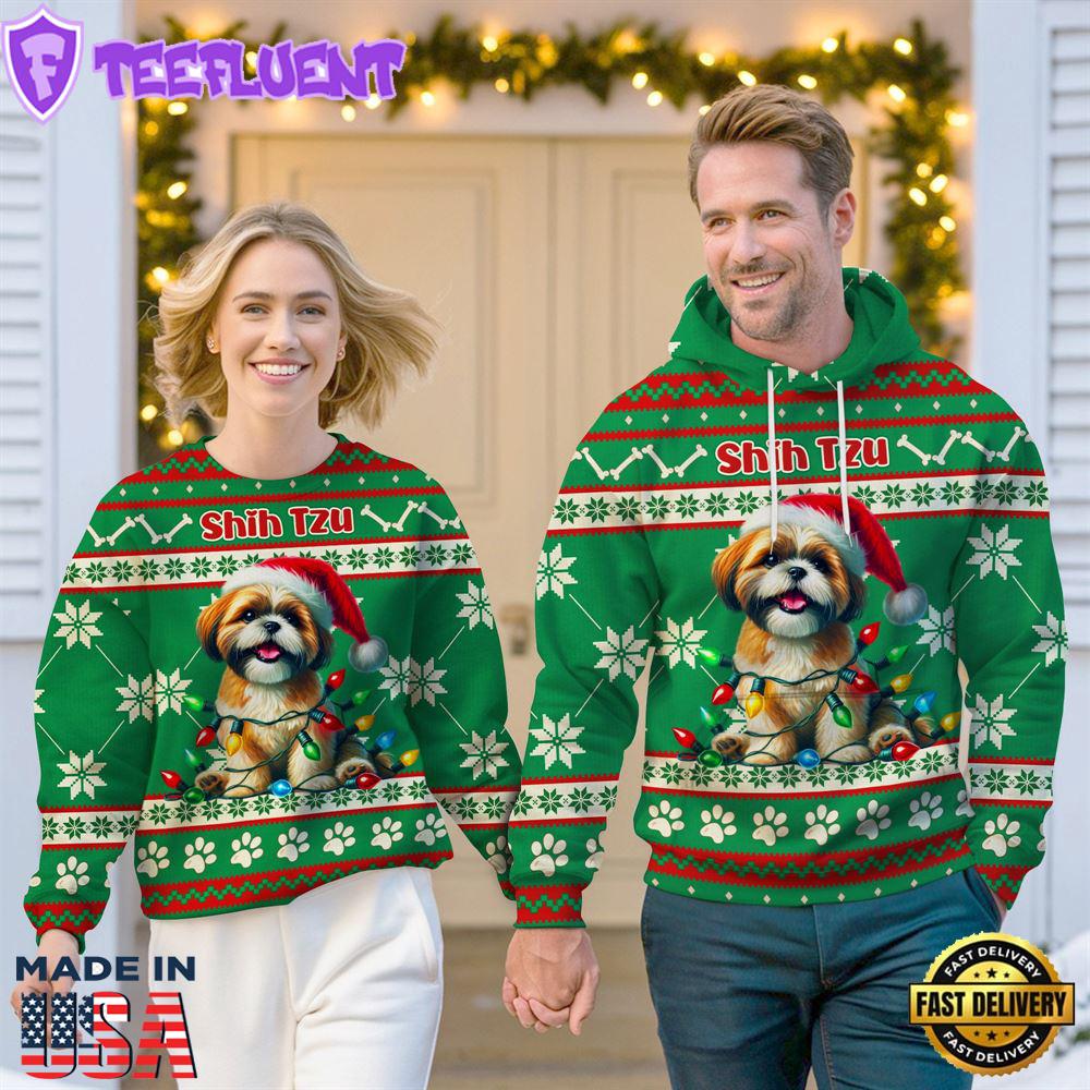 Shih Tzu Dog Cheer with Santa Hat Christmas Sweatshirt And Hoodie Green