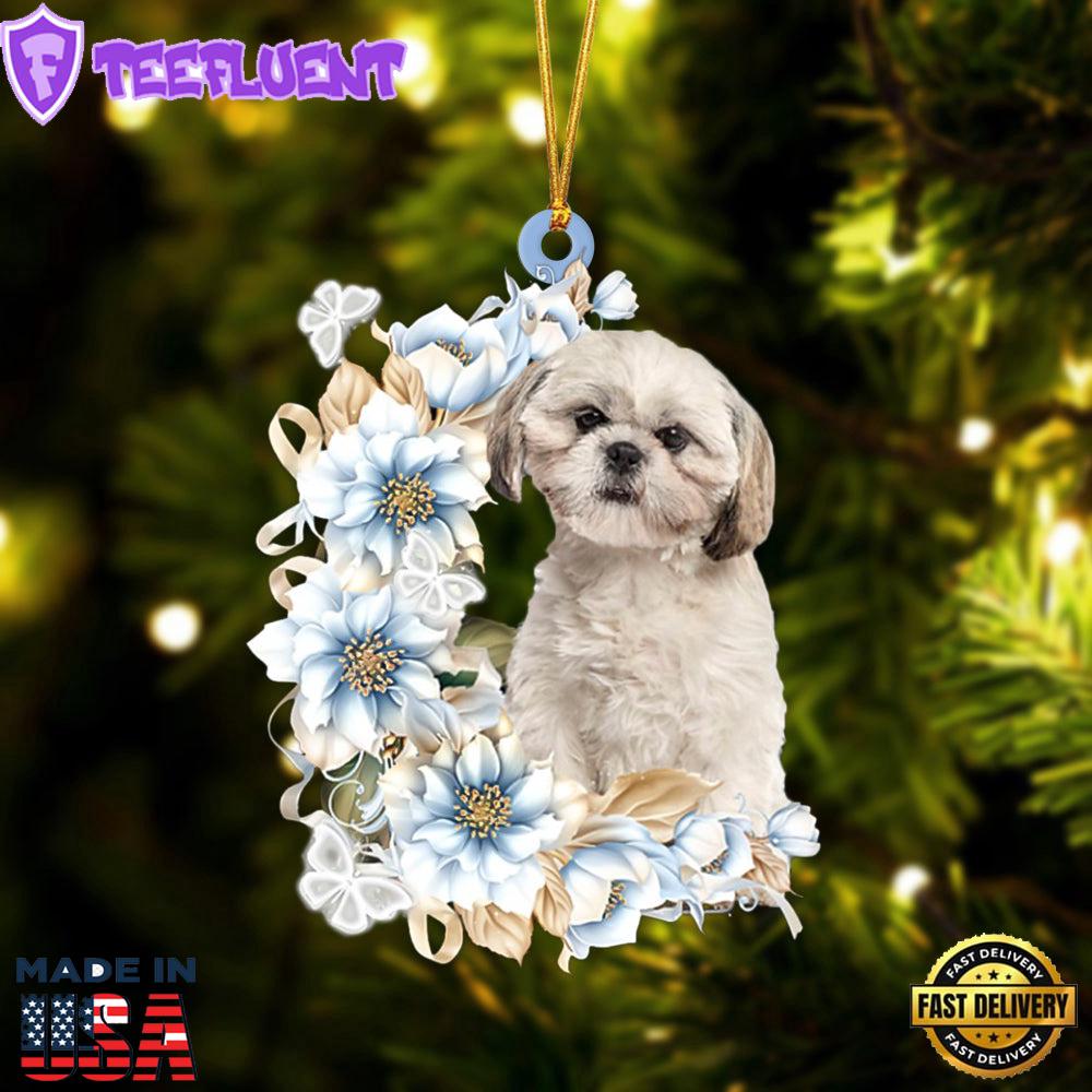 Shih Tzu Flowers Moon Ornament, Gift For Christmas