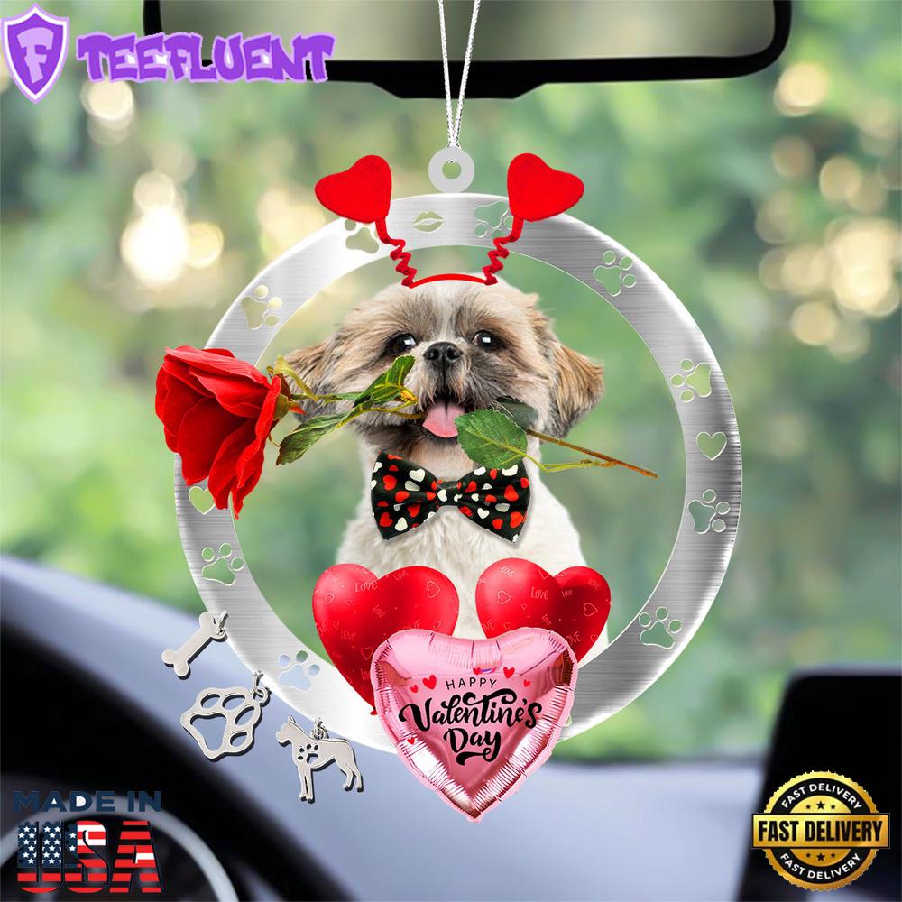 Shih Tzu With Rose & Heart Balloon Ornament, Gift For Christmas