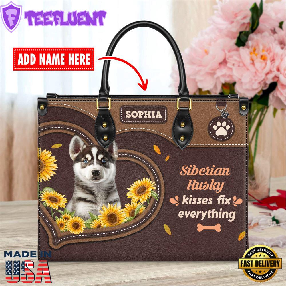 Siberian Husky Dog Kisses Fix Everything Leather Handbag