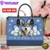 Siberian Husky Dog Lover Leather Bag With Daisy Flowers