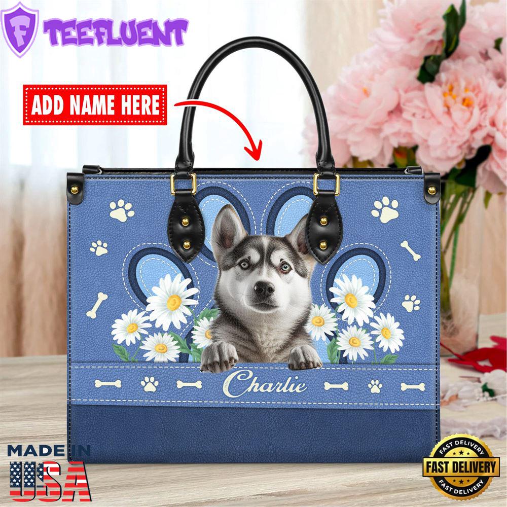 Siberian Husky Dog Lover Leather Bag With Daisy Flowers