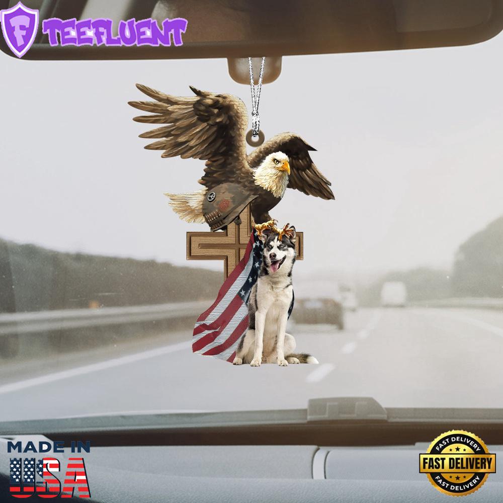 Siberian-Husky And Eagle American Flag Ornament, Gift For Christmas