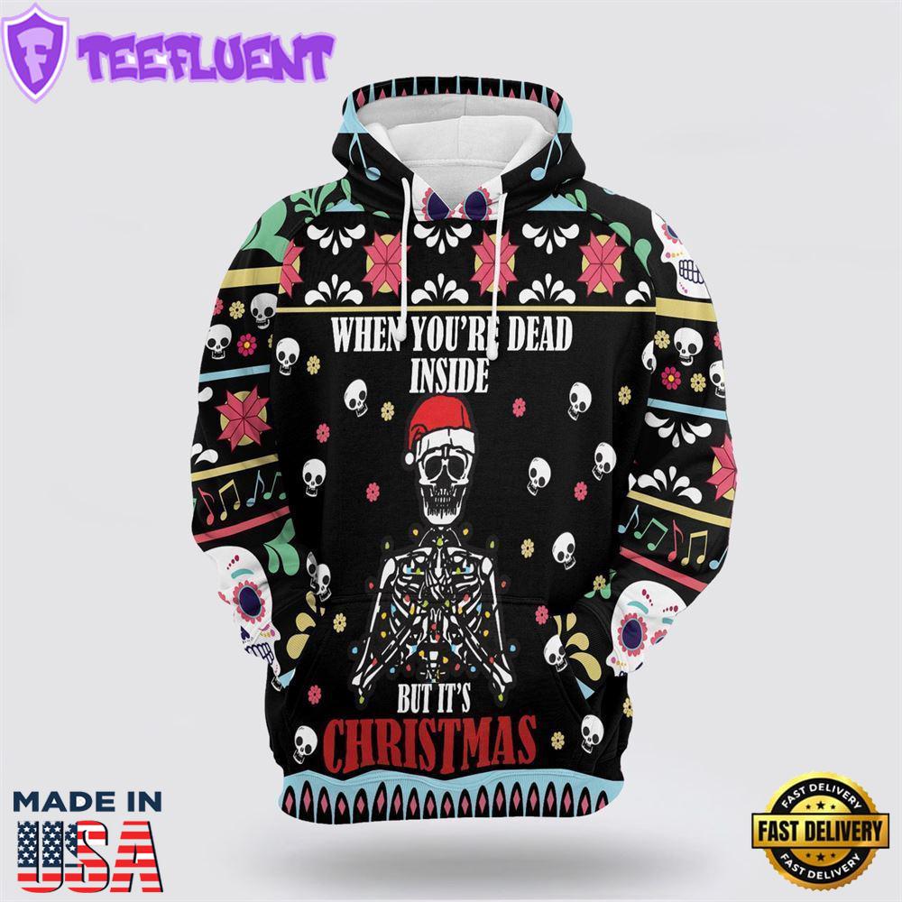 Skull Christmas Dead Inside All Over Print 3D Hoodie