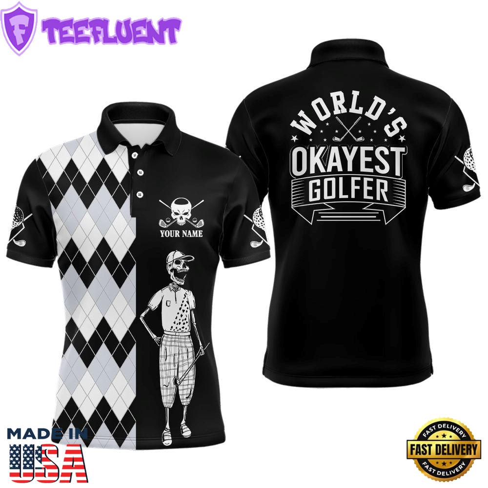 Skull Funny Golf Custom Name Polo Shirt Black & White Argyle