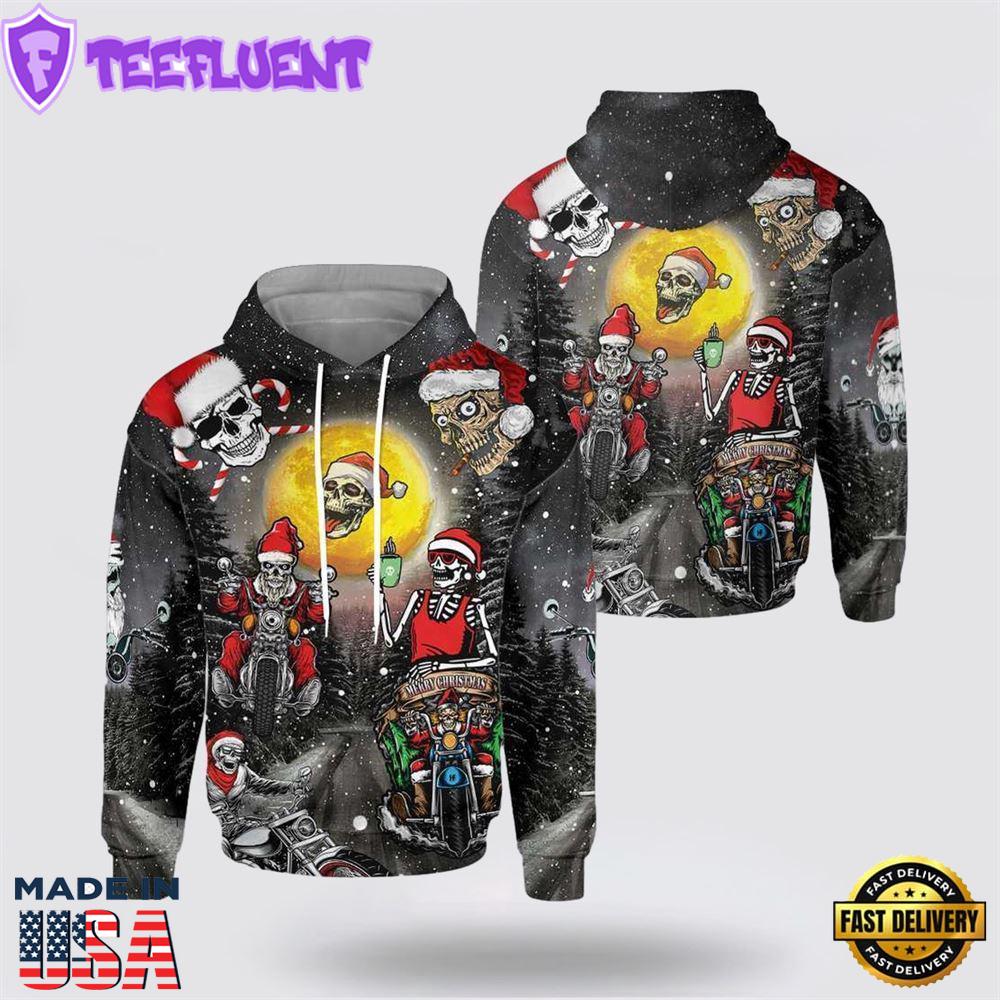 Skull Santa Motorcycle Merry Christmas All Over Print 3D Hoodie