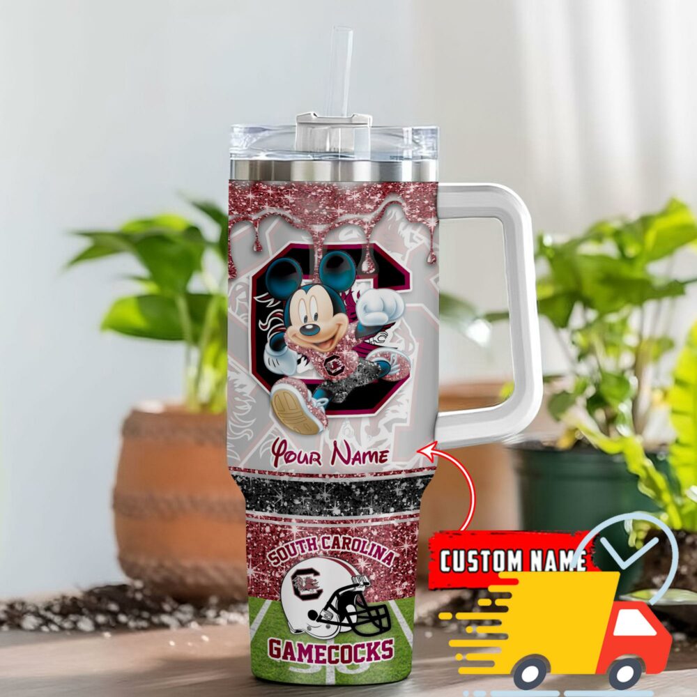 South Carolina Gamecocks NCAA Mickey Mouse Glitter Custom Stanley Quencher 40oz Stainless Steel Tumbler With Handle