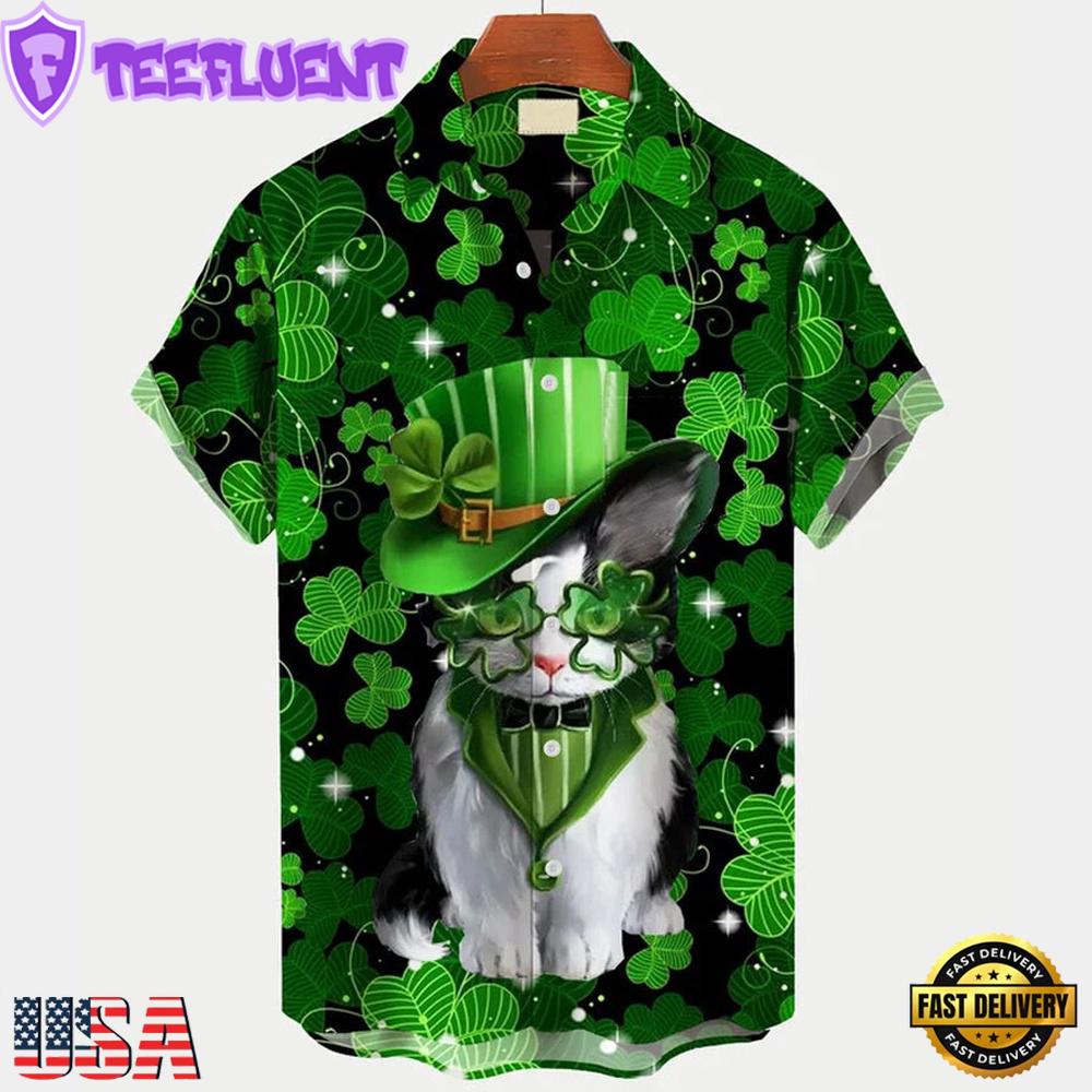 St. Patrick'S Day Cat Print Mens Hawaiian Shirt