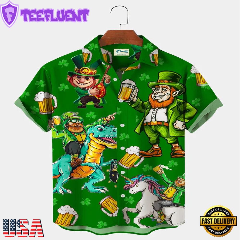 St. Patrick'S Day Green Shamrock Dinosaur Fun Print Hawaiian Shirt Plus Size Vacation Shirt