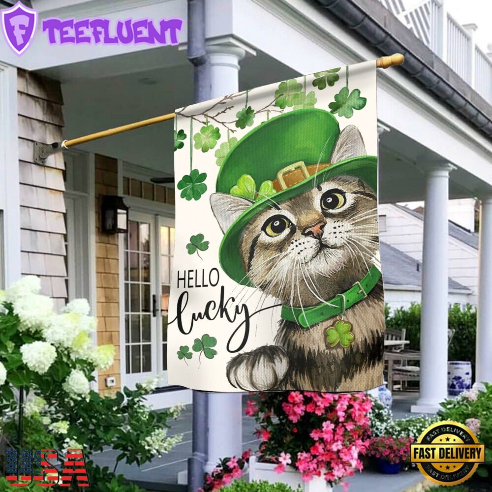 St. Patricks Day Hello Lucky Kitten Cat And Shamrock CloverHouse And Garden Flag Decor
