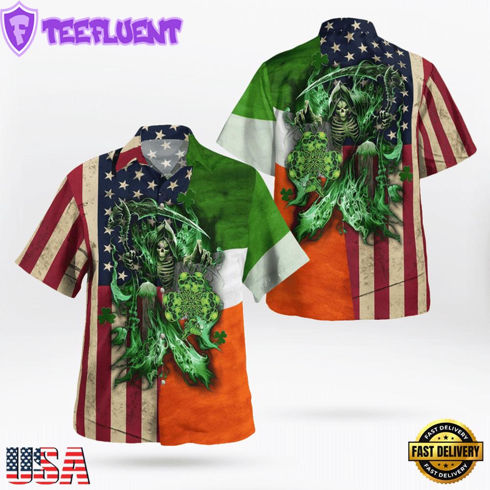 St. Patrick'S Day Irish Grim Reaper Irish Flag And American Flag Hawaii Shirt