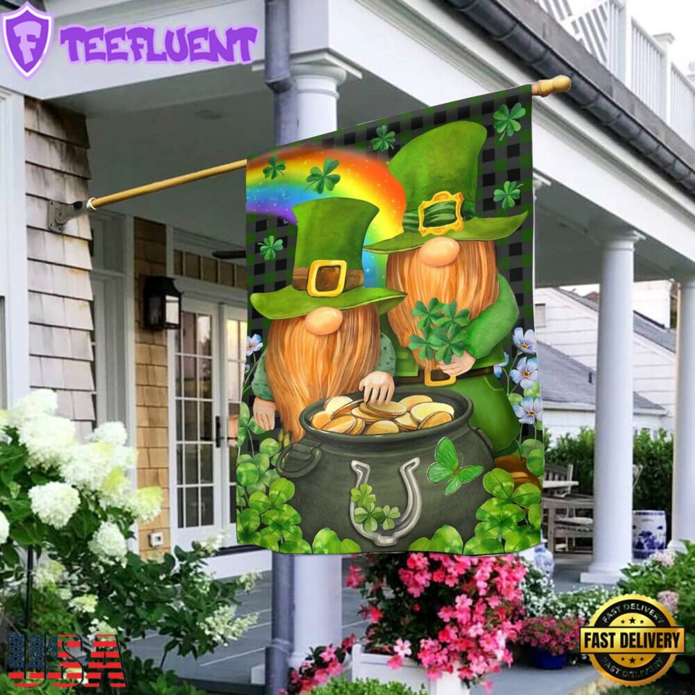 St. Patricks Day Leprechaun Gnome Shamrock GoldHouse And Garden Flag Decor