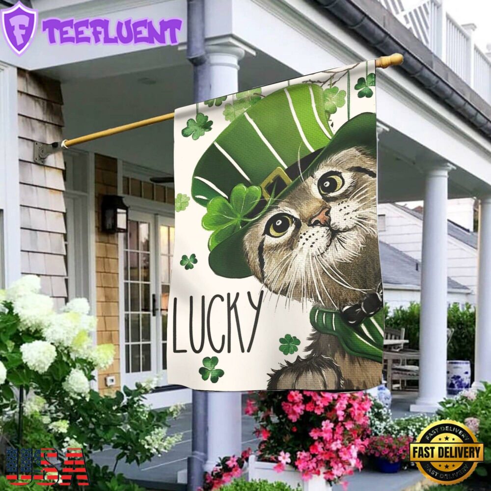 St. Patricks Day Lucky Cat And Shamrock CloverHouse And Garden Flag Decor