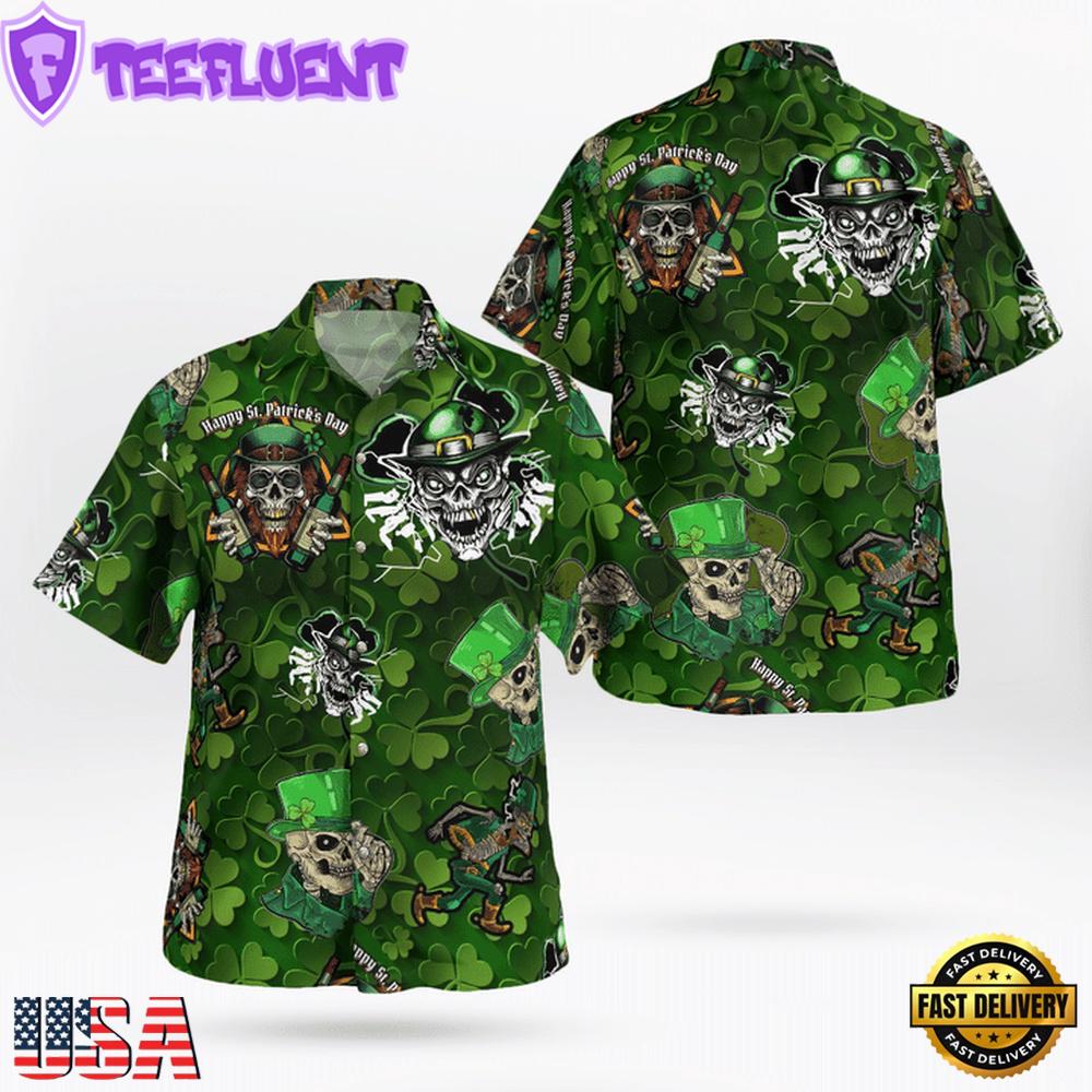 St. Patrick'S Day Skulls Skeletons With Green Hat And Four Leaf Vlover Hawaii Shirt