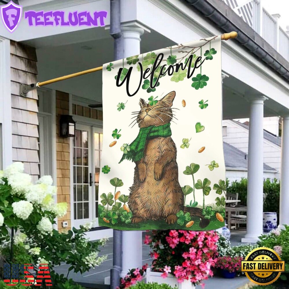 St. Patrick's Day Welcome Cat And Shamrock Clover House And Garden Flag Decor