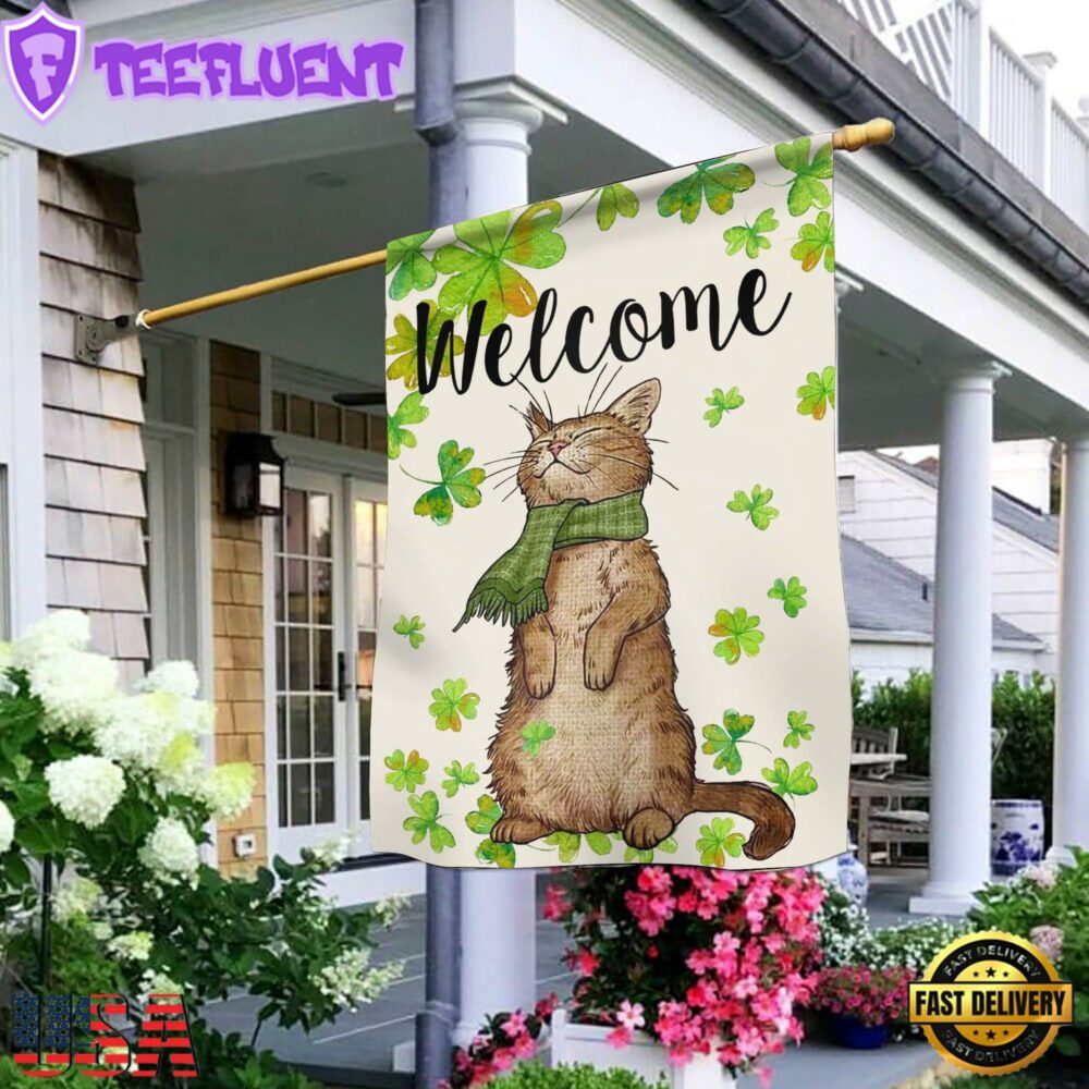 St. Patricks Day Welcome Cat And Shamrock Clover House And Garden Flag Decor