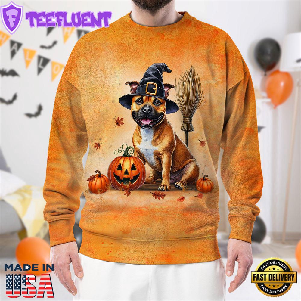 Staffordshire Bull Terrier Dog In Spooky Autumn Halloween 3D Shirt