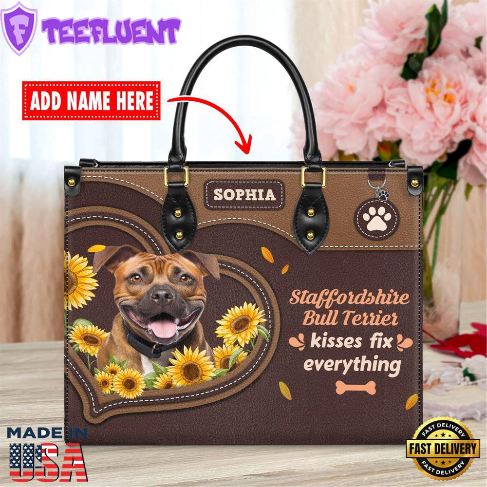 Staffordshire Bull Terrier Dog Kisses Fix Everything Leather Handbag
