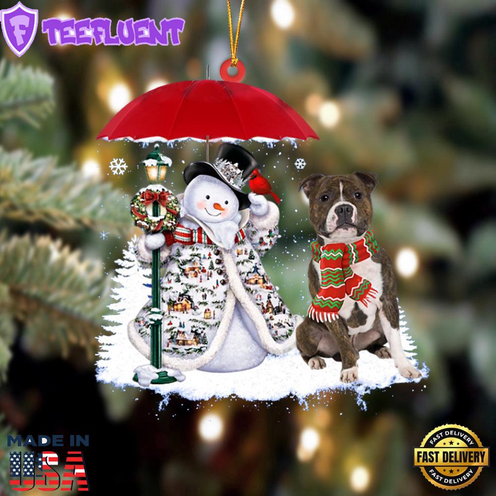 Staffordshire Bull Terrier With Snowman Christmas Ornament, Gift For Christmas