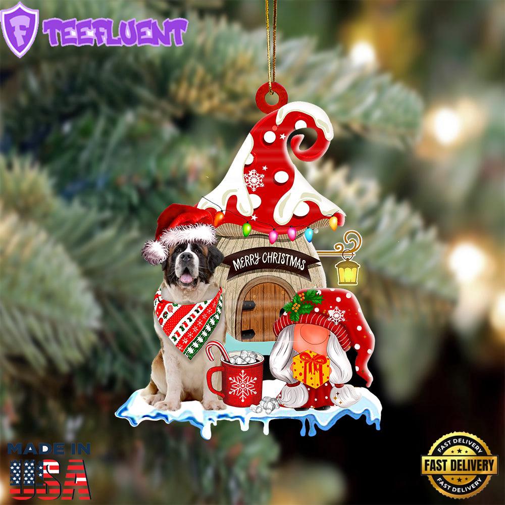 St-Bernard With Mushroom House Christmas Ornament, Gift For Christmas