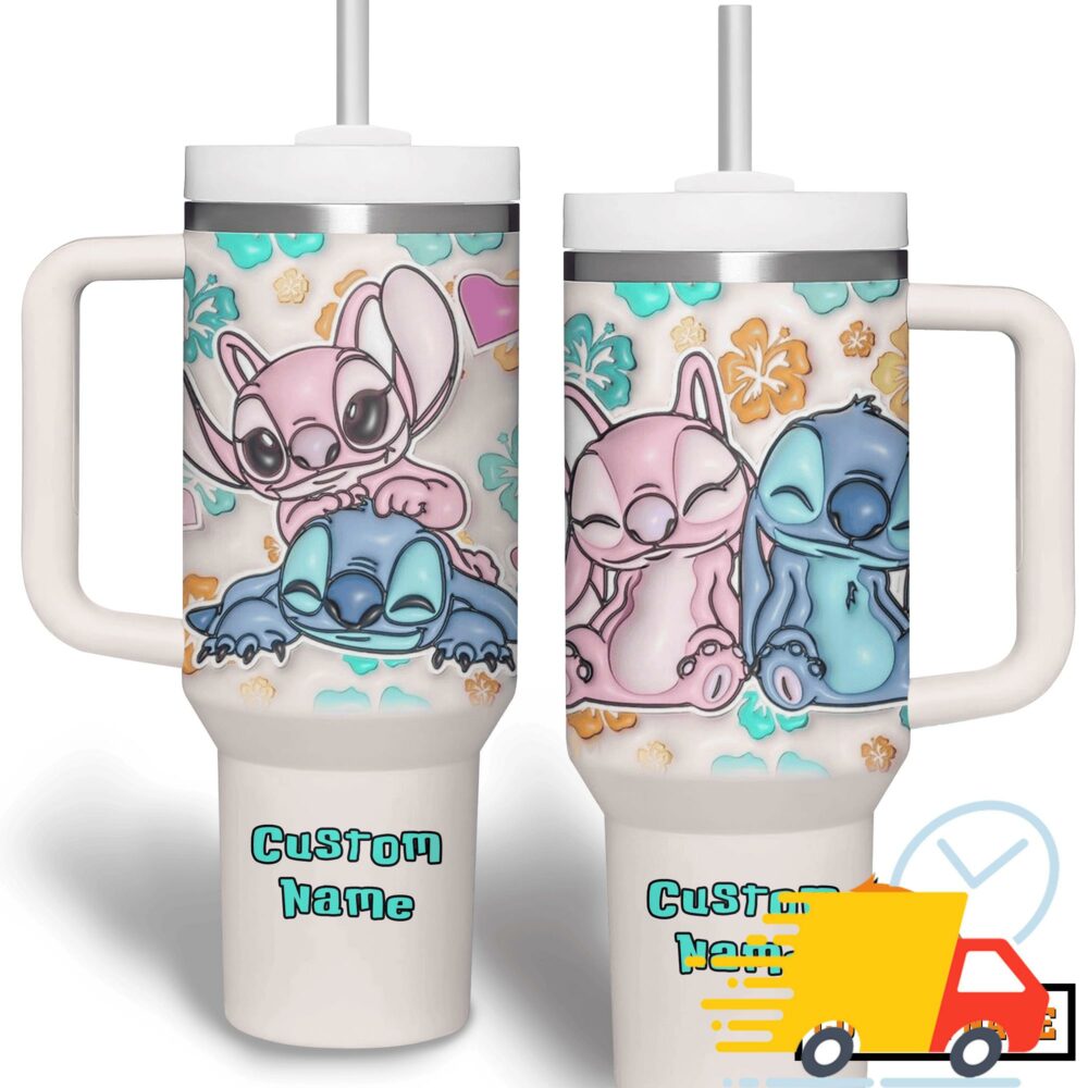 Stitch And Angel Cartoon Custom Stanley Quencher 40oz Stainless Steel Tumbler