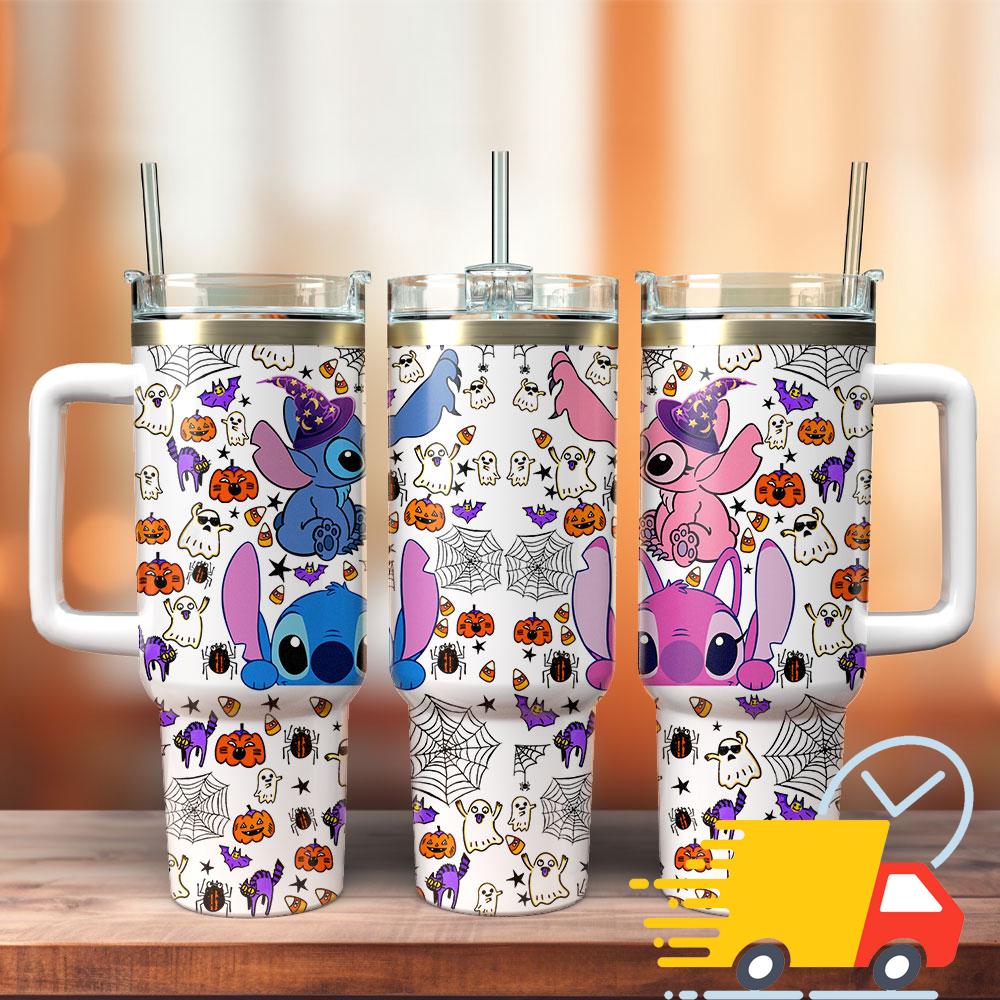 Stitch and Angel Cartoon Custom Stanley Quencher 40oz Stainless Steel Tumbler With
