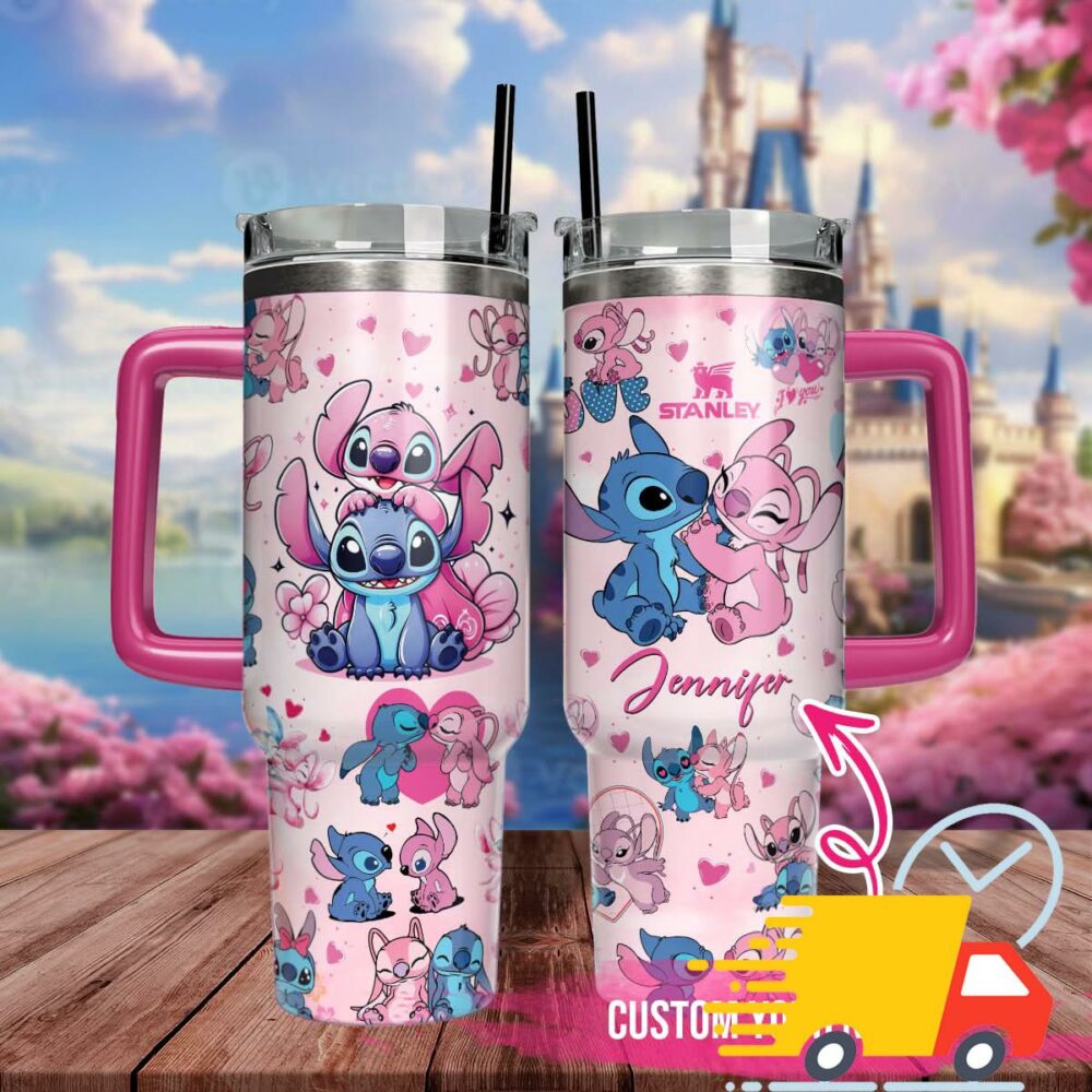 Stitch And Angel Cartoon Custom Stanley Quencher 40oz Stainless Steel Tumbler With Handle
