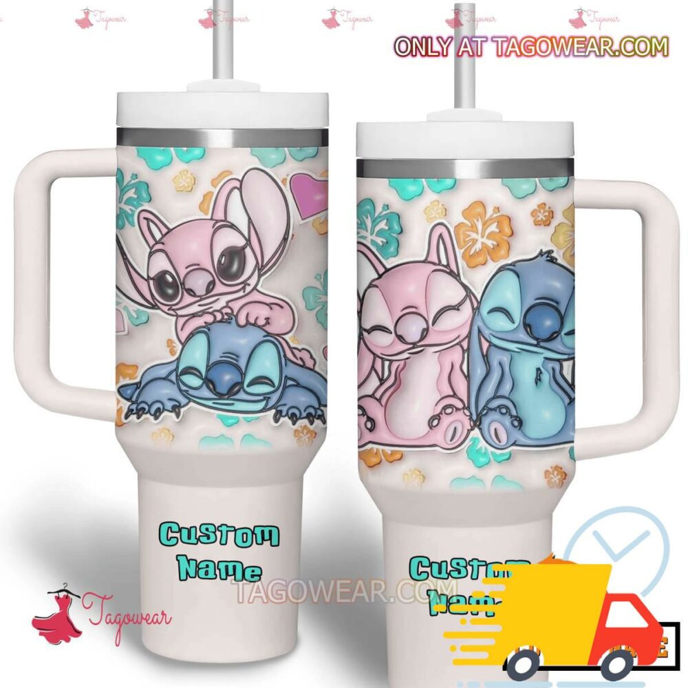 Stitch And Angel Couple Disney Cartoon Custom Stanley Quencher 40oz Stainless Steel