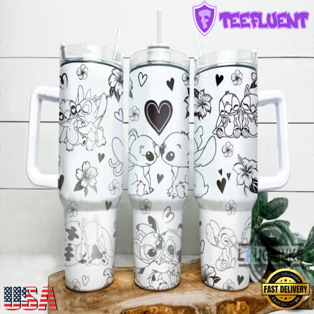 Stitch And Angel Valentine Day Stainless Steel Tumbler With Handle