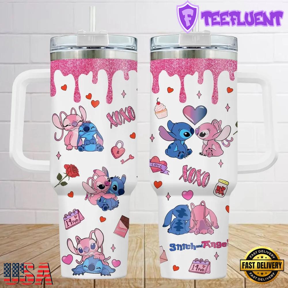 Stitch And Angel Valentine Stainless Steel Tumbler With Handle