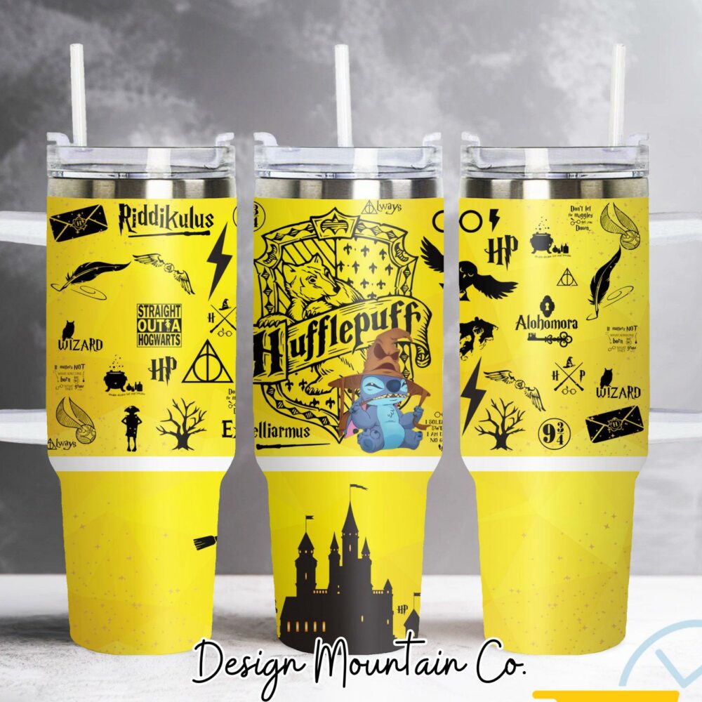 Stitch and Hufflepuff Harry Potter Movies Custom Stanley Quencher 40oz Stainless Steel Tumbler With Handle