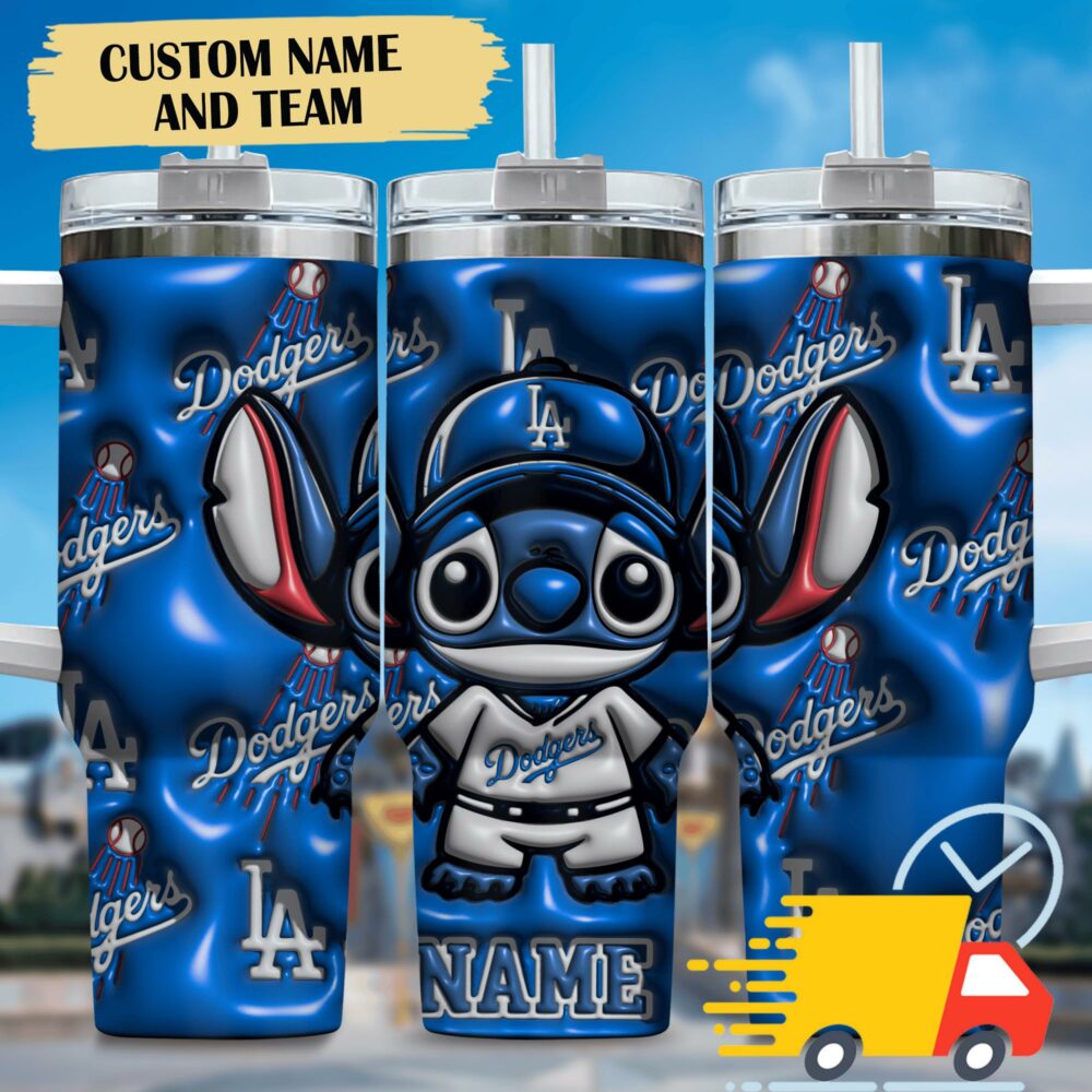 Stitch and Los Angeles Dodgers Cartoon,MLB Custom Stanley Quencher 40oz Stainless Steel Tumbler With Handle