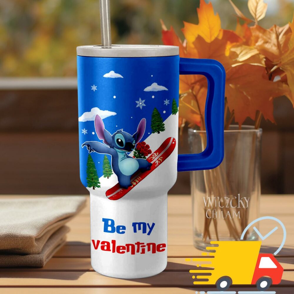 Stitch Be My Valentine Disney Cartoon Custom Stanley Quencher 40oz Stainless Steel Tumbler With Handle